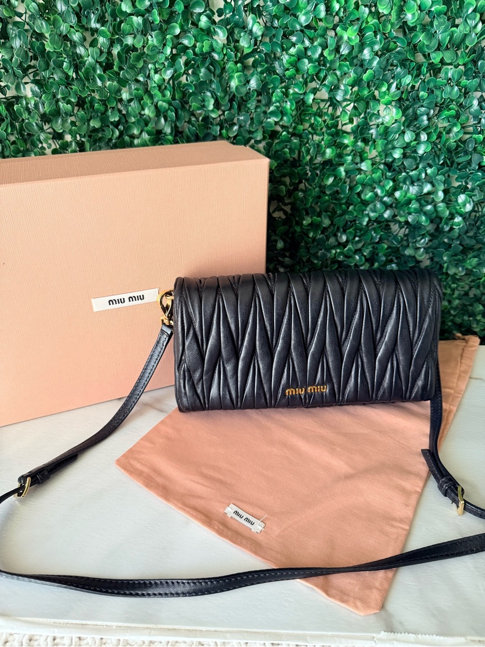 Miu Miu Black Quilted Matelassé Leather Crossbody Bag with Gold Logo